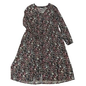 J. Jill Black Floral V Neck Button Front Rayon Long Sleeve Midi Dress Size L